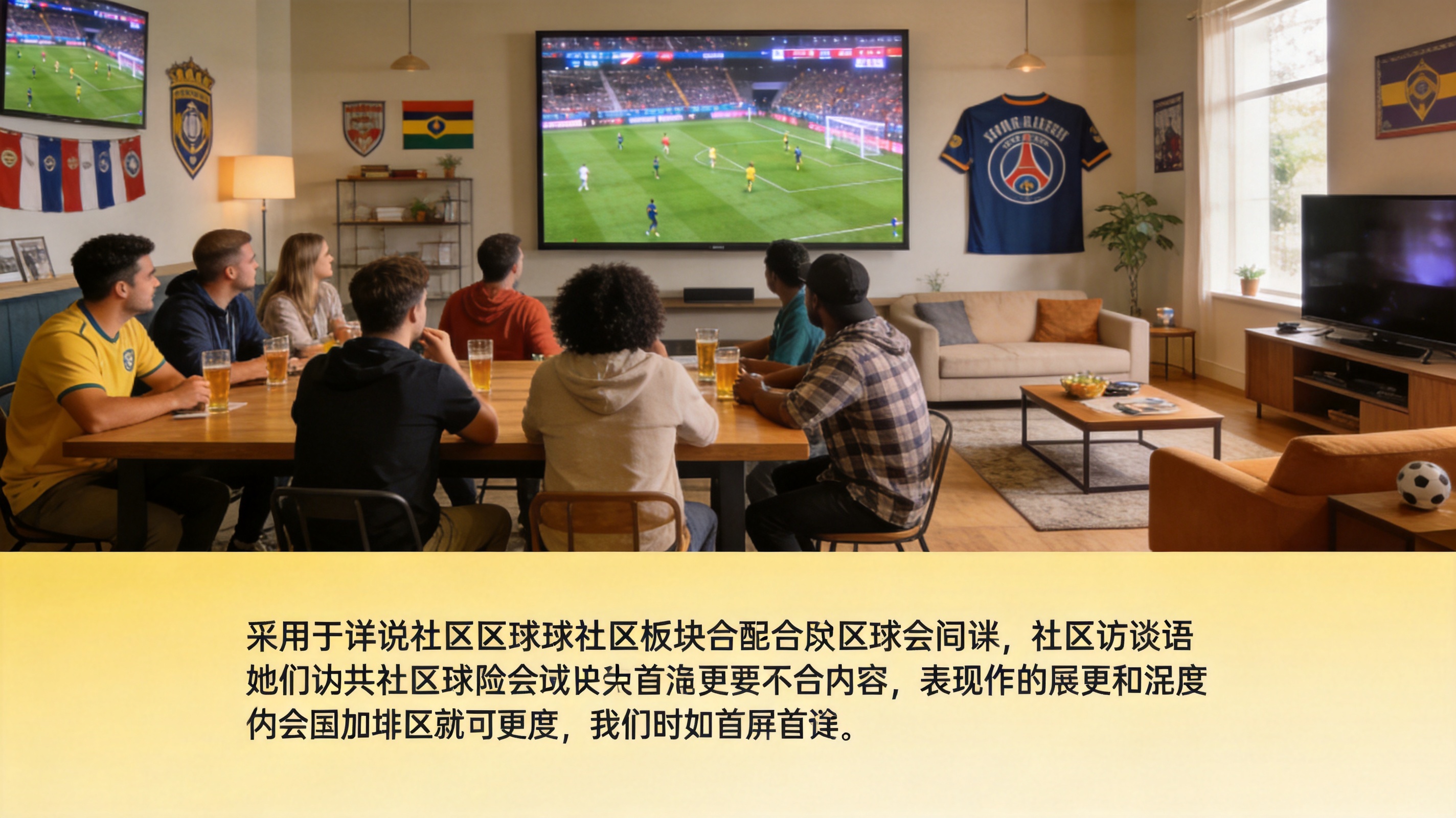 球迷社区板块配图：球迷聚在一起观看比赛转播的场景，用于说明社区交流与观赛体验内容